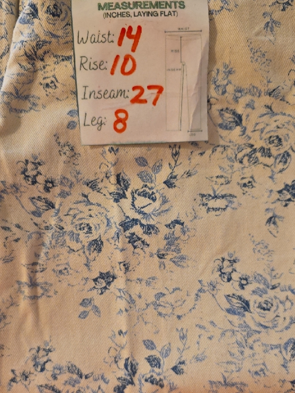 Lizwear Vintage Cream Blue Floral Toile Print Straight Leg Jeans 100% Cotton - Picture 11 of 11